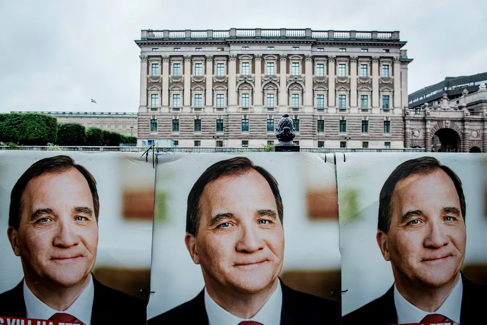 Søndag 9. september 2018 er det riksdagsvalg i Sverige. Her valgplakater for statsminister Stefan Löfven fra Socialdemokraterna foran Riksdagen.
