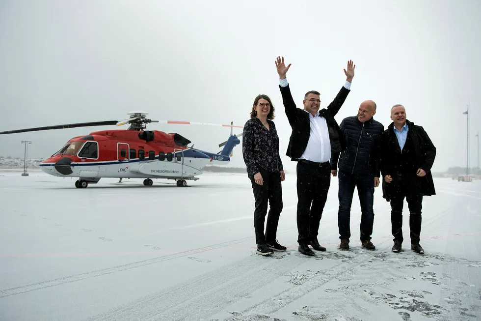 From left: Siv Helen Sigerstad, Petroleum & Energy Minister Kjell-Borge Freiberg, Equinor executive vice president Arne Sigve Nylund and Equinor executive vice president for technology, projects and drilling Anders Opedal at Bronnoysund Airport