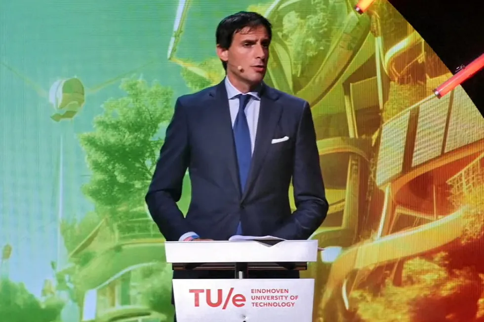 EU climate commissioner Wopke Hoekstra during his speech at the Eindoven University of Technology on Monday, where he made his comments about introducing 'Made in Europe' criteria for the next European Hydrogen Bank auction.