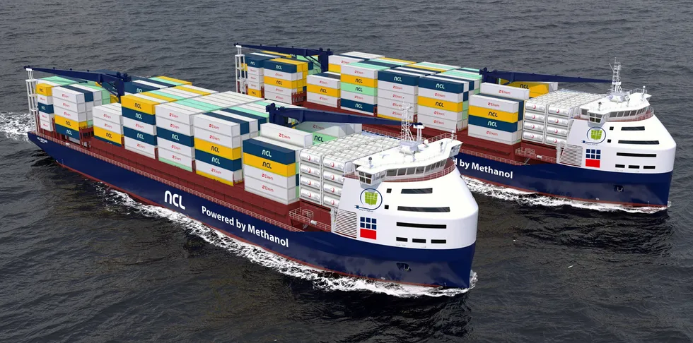 A rendering of the two dual-fuel methanol container ships that have been ordered by German shipowner MPCC, which will be chartered to Norwegian operator North Sea Container Line (NCL).