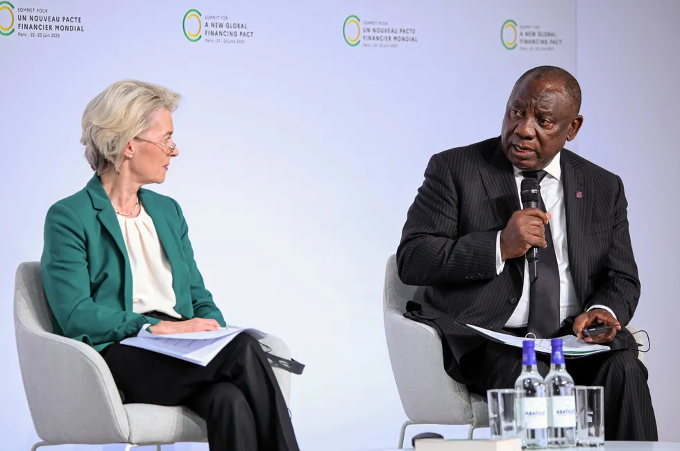 European Commission president Ursula von der Leyen and South African president Cyril Ramaphosa, speaking at a summit in Paris in June 2023
