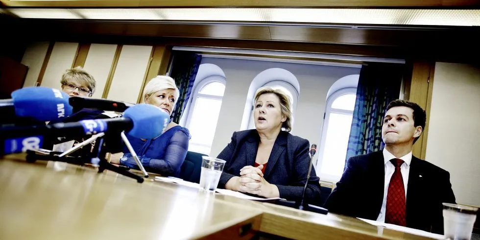 Ny regjering: Venstres Trine Skei Grande, Frps Siv Jensen, Høyres Erna Solberg og KrFs Knut Arild Hareide kan bli en del av en ny regjering. det ønsker aktørene i sjømat-Norge. Foto: Ida von Hanno Bast