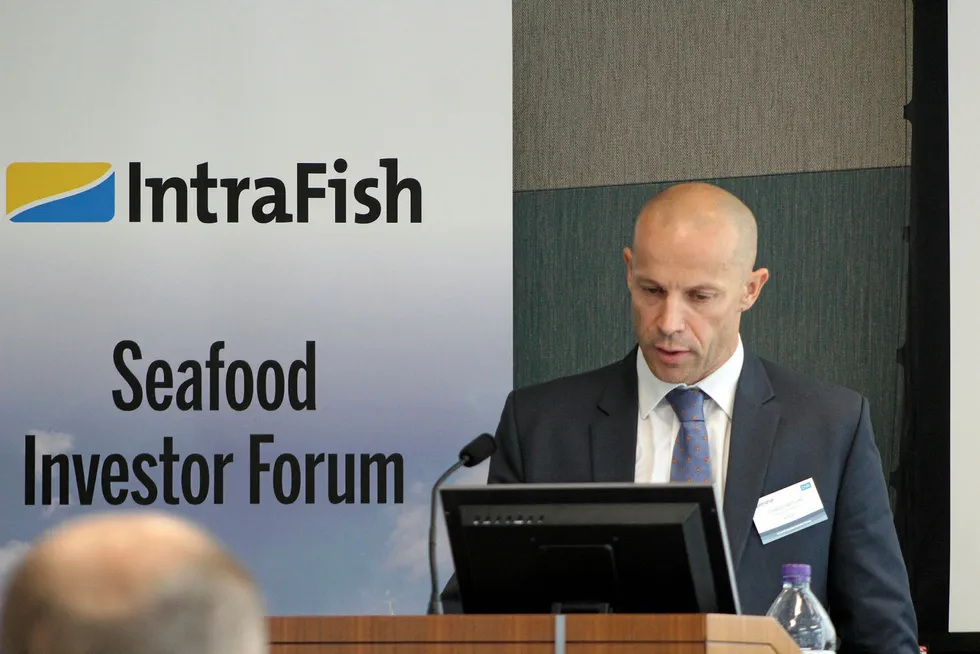 Charles Hostlund, CEO Norway Royal Salmon, speaking at the IntraFish London Investor Forum in 2017.