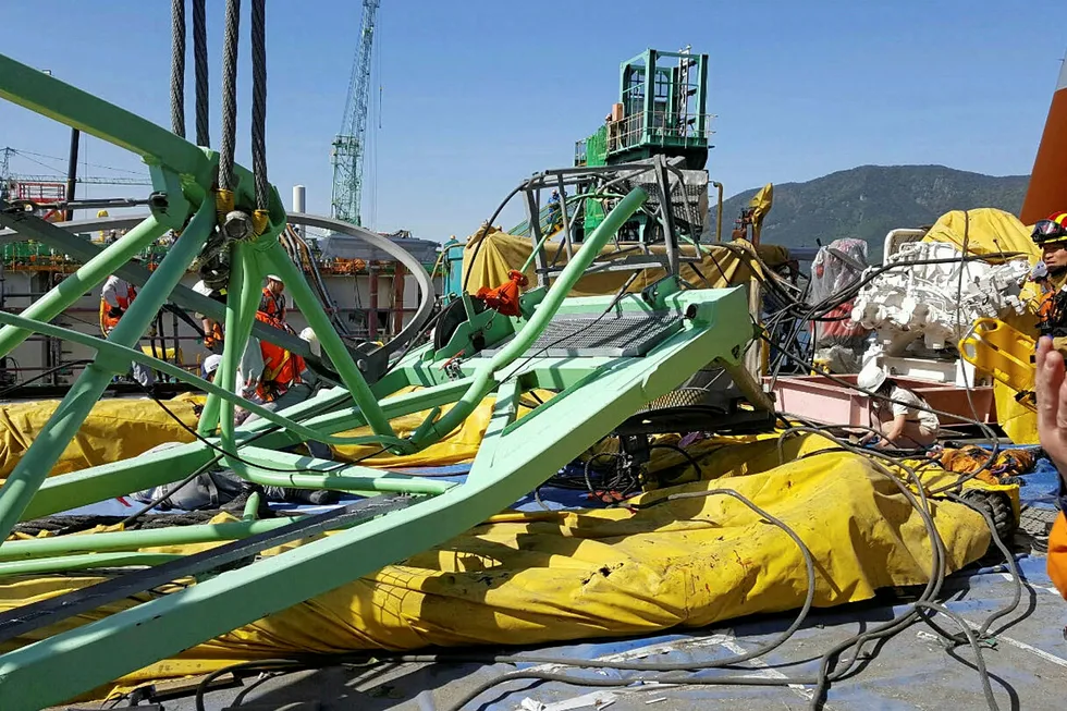 Disaster: six people were killed when a crane collapsed at Samsung Heavy Industries shipyard in Geoje, South Korea