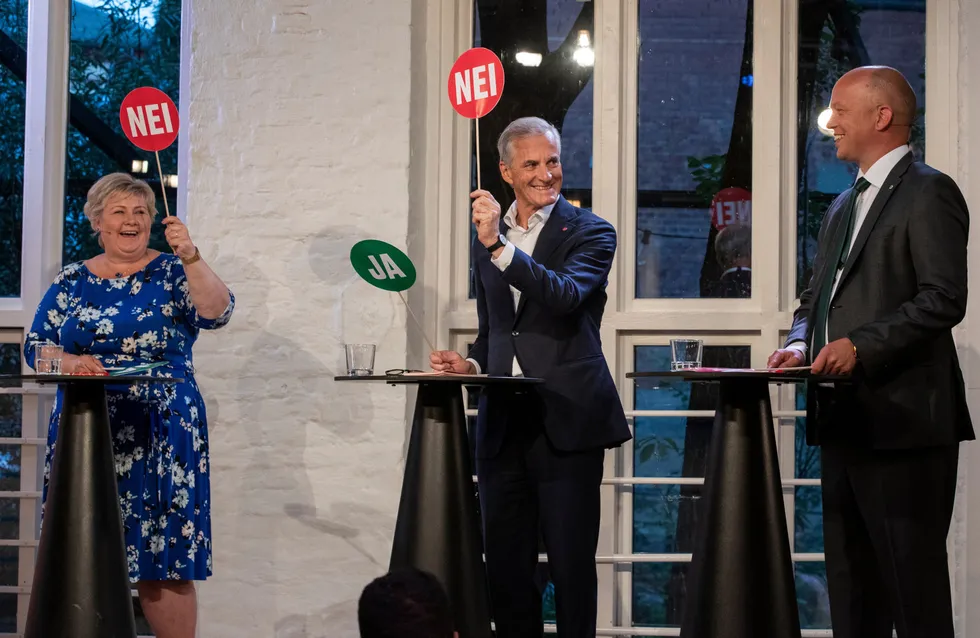 Prime ministerial candidates, from left, Erna Solberg (Conservatives), Jonas Gahr Store (Labour) and Trygve Slagsvold Vedum (Center Party) all replied "no" when asked in a televised debate whether they want to stop domestic fossil fuel production.