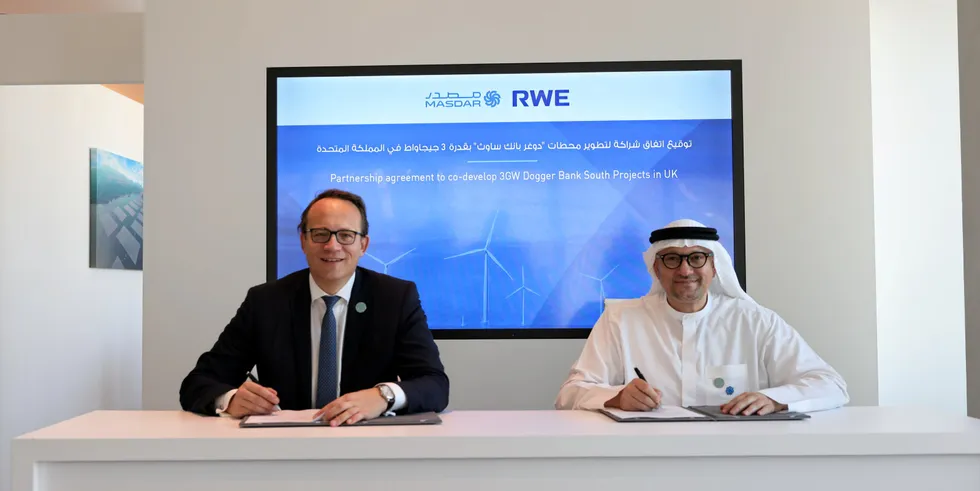 RWE's CEO Markus Krebber (L) with Masdar Chief Executive Officer, Mohamed Jameel Al Ramahi.