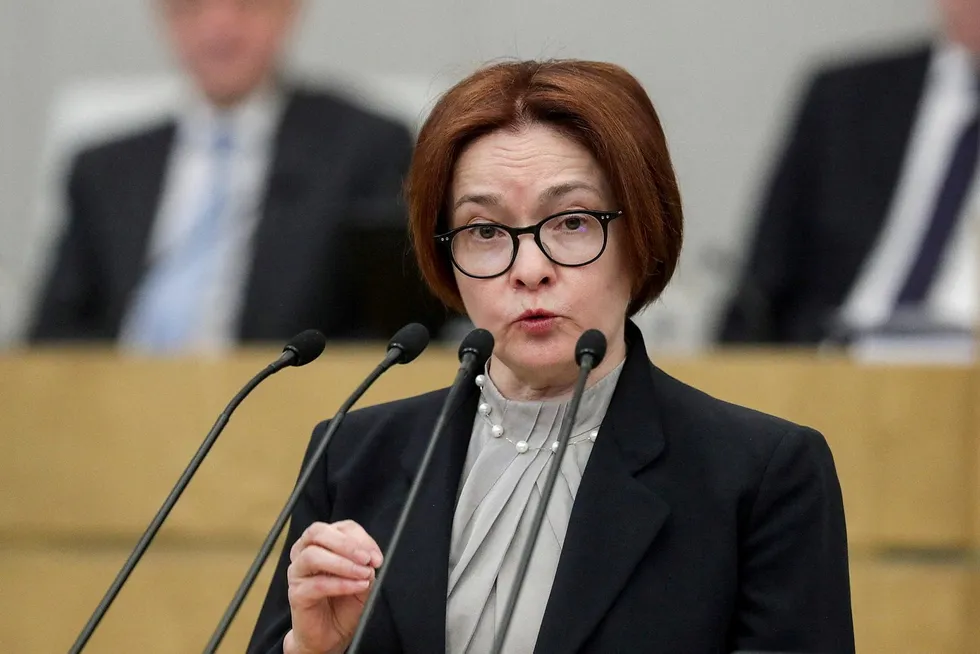 Sentralbanksjef Elvira Nabiullina under en opptreden i den russiske nasjonalforsamlingen, Dumaen, sist uke.