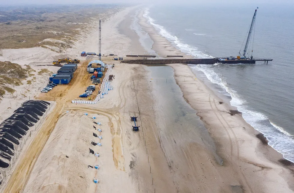 Key artery: construction site of the Baltic Pipe gas pipeline at Houstrup Strand, West Jutland, Denmark, in February 2021