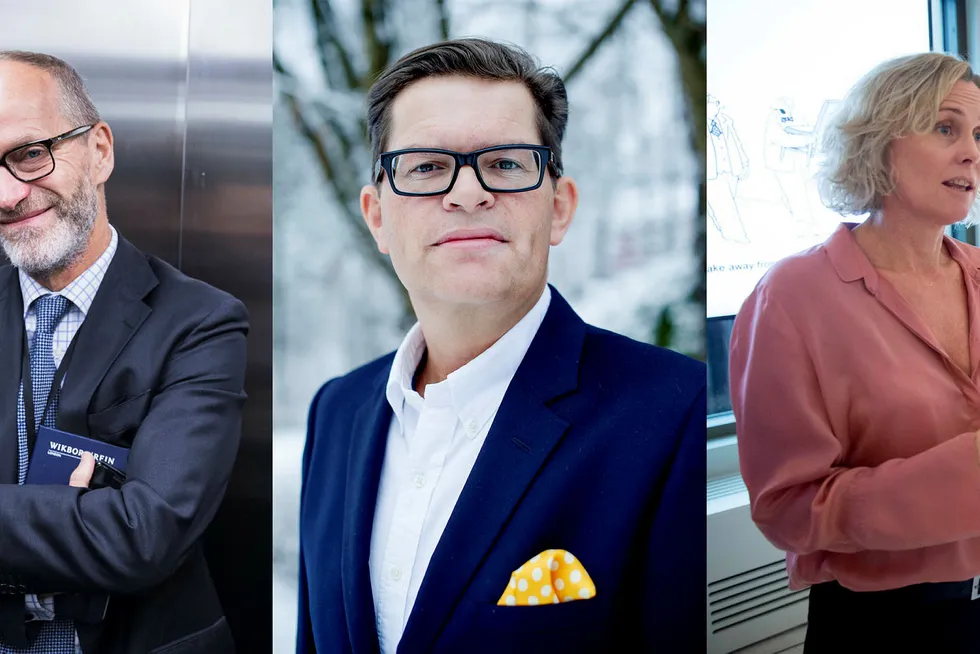 Advokatfirmaene Wikborg Rein, Thommessen og BAHR avviser timejag i advokatbransjen. Fra venstre: Finn Bjørnstad i Wikborg Rein, Knut T. Traaseth i BAHR og Anne Bogen i Thommessen.