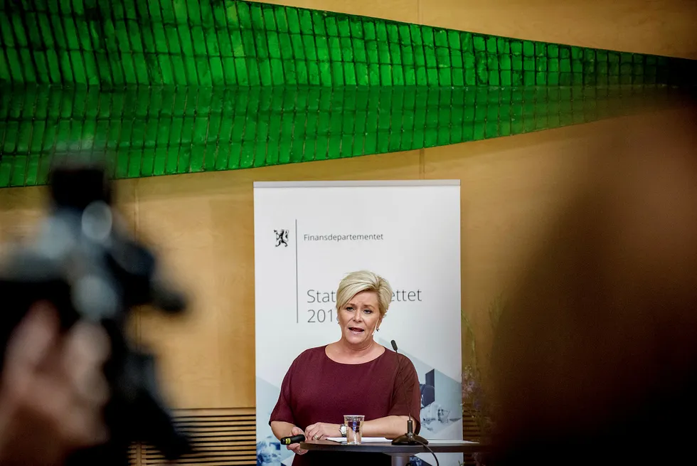 Finansminister Siv Jensen (Frp) presenterte torsdag forslaget til neste års statsbudsjett på en pressekonferanse. Foto: Gorm K. Gaare