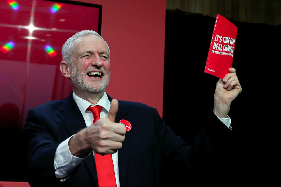 Tax pledge: Jeremy Corbyn, Leader of Britain's opposition Labour Party, gives a thumbs up at the launch of Labour's General Election manifesto in Birmingham