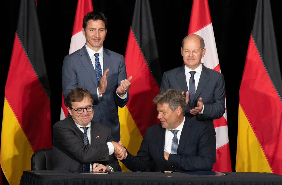 Sealing a deal: from left, Canadian Natural Resources Minister Jonathan Wilkinson, Canadian Prime Minister Justin Trudeau, German Vice Chancellor Robert Habeck and German Chancellor Olaf Scholz