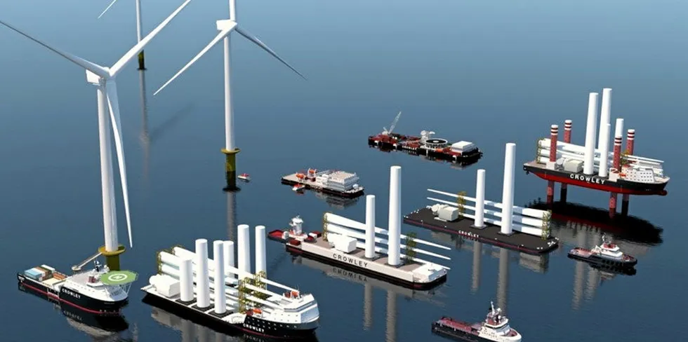 CGI of turbines and feeder-barge vessel loaded with components and blades off Salem Harbor, Massachusetts
