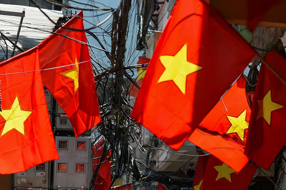 National drive: a woman rides a bicycle along an alley way decorated with Vietnamese national flags ahead of National Day celebrations in Hanoi on 1 September