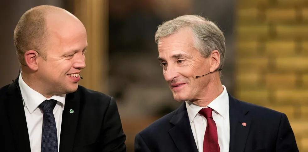 Guttene i vinden. Disse to, finansminister Trygve Slagsvold Vedum (Sp) og statsminister Jonas Gahr Støre (Ap), er sultne på mye havvind.