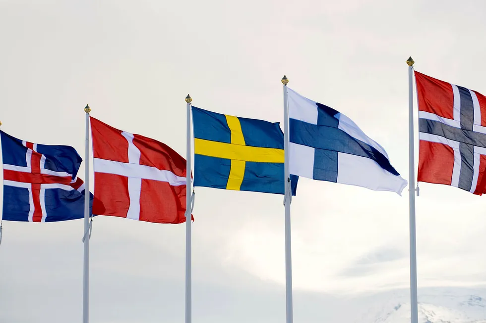 Parlamentarikerne ønsker et fellesnordisk personnummer. På bildet alle nordens flagg: Islandsk flagg (fra venstre), dansk, svensk, finsk og norsk. Foto: Henrik Montgomery / NTB scanpix