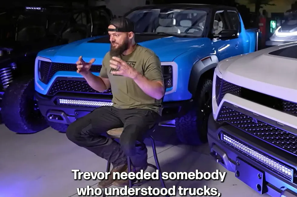 A still from a recent Facebook video in which Dave 'Heavy D' Sparks explains his involvement with Nikola and his company EMBR's purchase of the rights to the Badger, while sitting in front of the two Badger prototypes built in 2020 that EMBR now owns.