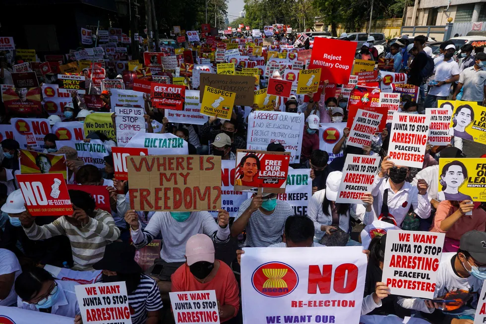 Myanmar coup: protesters take part in a demonstration against the military coup in front of the Indonesian embassy in Yangon on 24 February