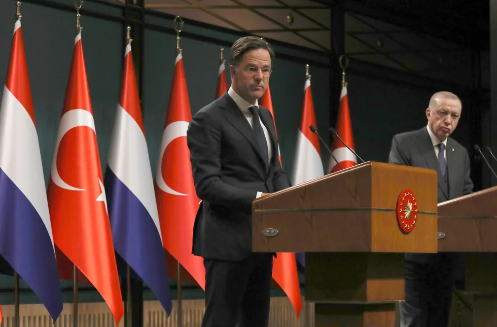 Talks. Turkish President Recep Tayyip Erdogan, right, and Dutch Prime Minister Mark Rutte speak to the media after their talks, in Ankara, Turkey on 22 March, 2022. Rutte says his government would like to see Turkey join sanctions against Russia but adds the country, which is talking to both Ukraine and Russia, is playing an invaluable role in trying to end the conflict.