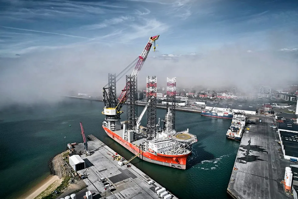 Fleet: Cadeler's offshore wind installation vessel Pacific Osprey with an upgraded crane boom at the Port of Esbjerg, Denmark