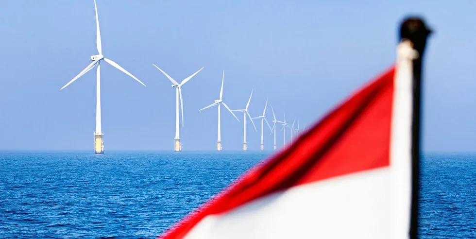 The Netherlands' first big offshore wind farm, the 108MW Egmond aan Zee, and a Dutch flag