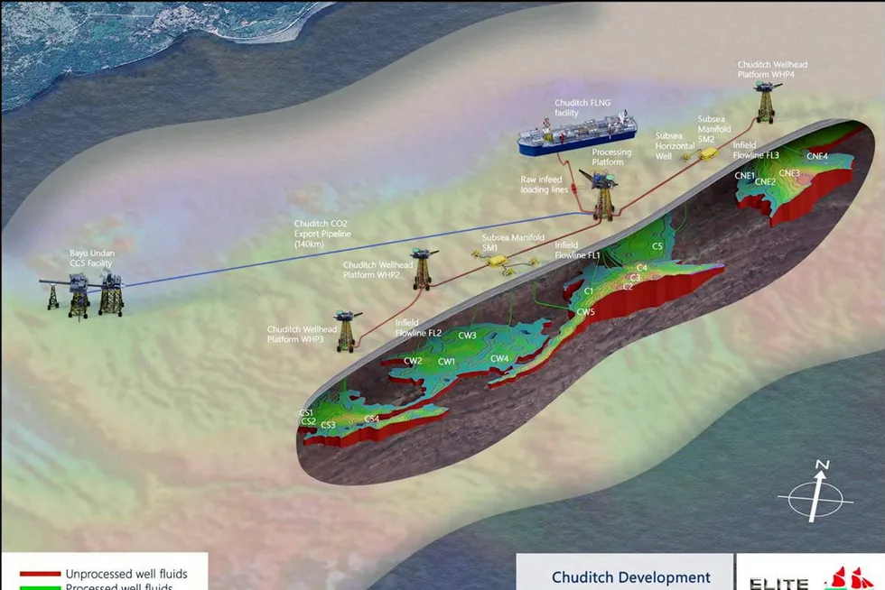 Concept: comprises a floating LNG vessel connected to several offshore platforms at the Chuditch field.