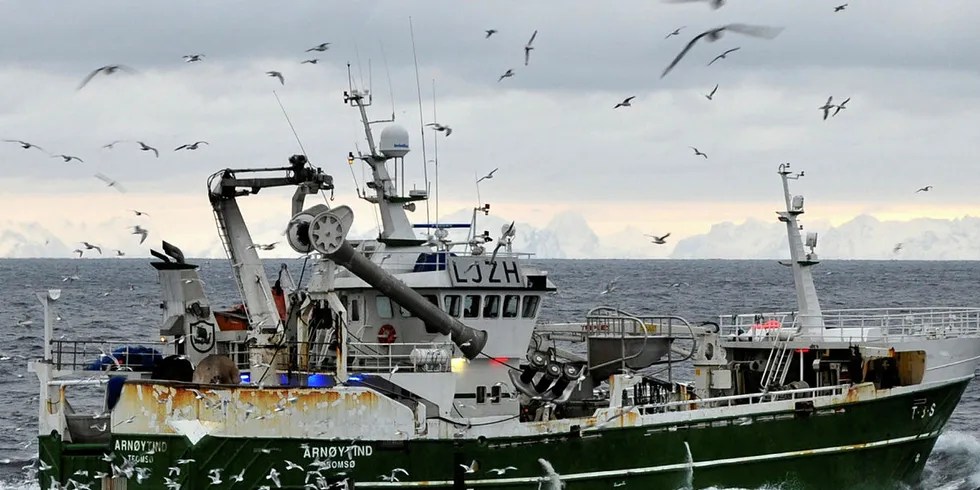 STARTEN: «Arnøytind» fra Skjervøy fikk æren av å dra i gang 2019-sesongen på nvg-silda.