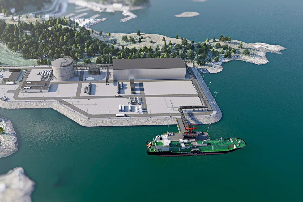 Slik kan den planlagte CO2-terminalen i Haugesund se ut når den står ferdig i 2026.