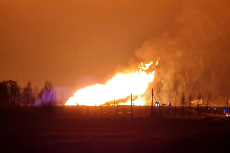 Blaze: flames rise from a regional gas pipeline after an incident in the Pasvalys district in Lithuania.