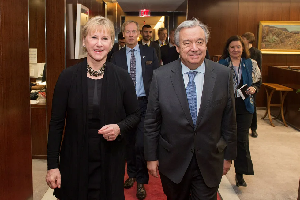 Sveriges utenriksminister Margot Wallström møtte FNs nye generalsekretær António Guterres' mandag. Foto: Eskinder Debebe/United Nations via AP/NTB scanpix