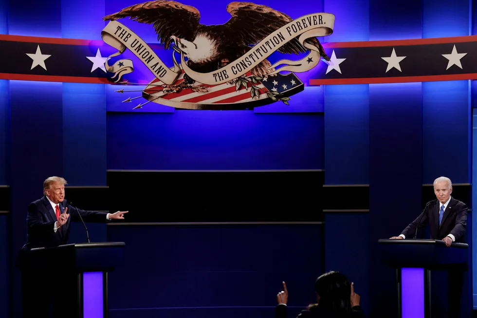 Poles apart: US President Donald Trump and Democratic presidential nominee Joe Biden pictured durring their final 2020 campaign debate in Nashville, Tennessee