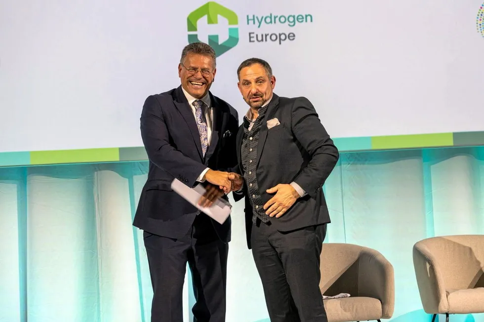 Hydrogen Europe CEO Jorgo Chatzimarkakis, right, pictured with Maroš Šefčovič, the former European executive vice-president for the European Green Deal.