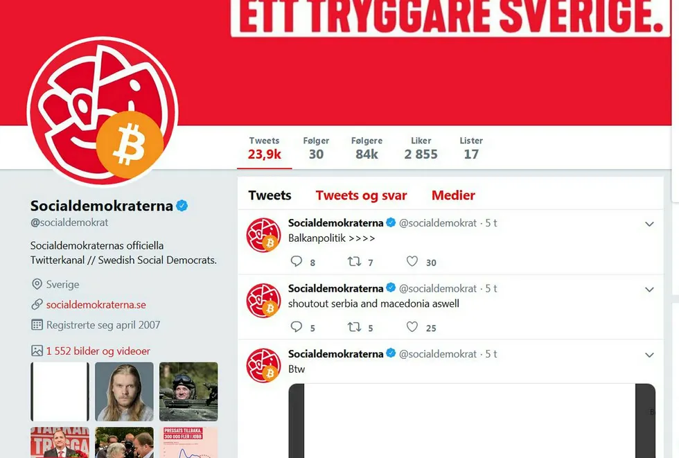 Twitterkontoen til de svenske Socialdemokraterna ble kapret natt til mandag.