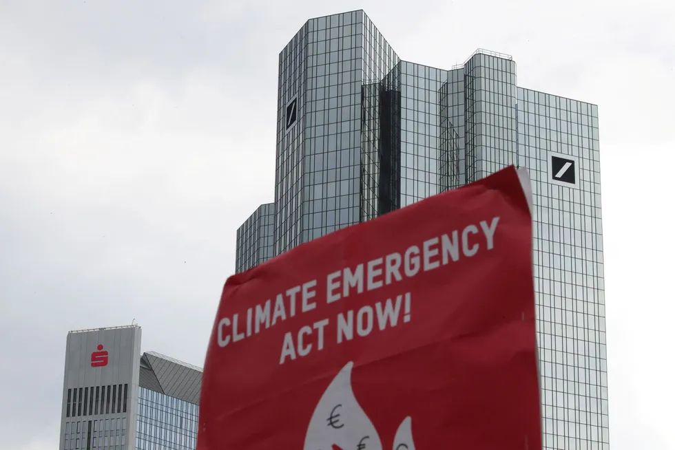 Protest: a banner near Deutsche Bank's headquarters during a Greenpeace demonstration in August