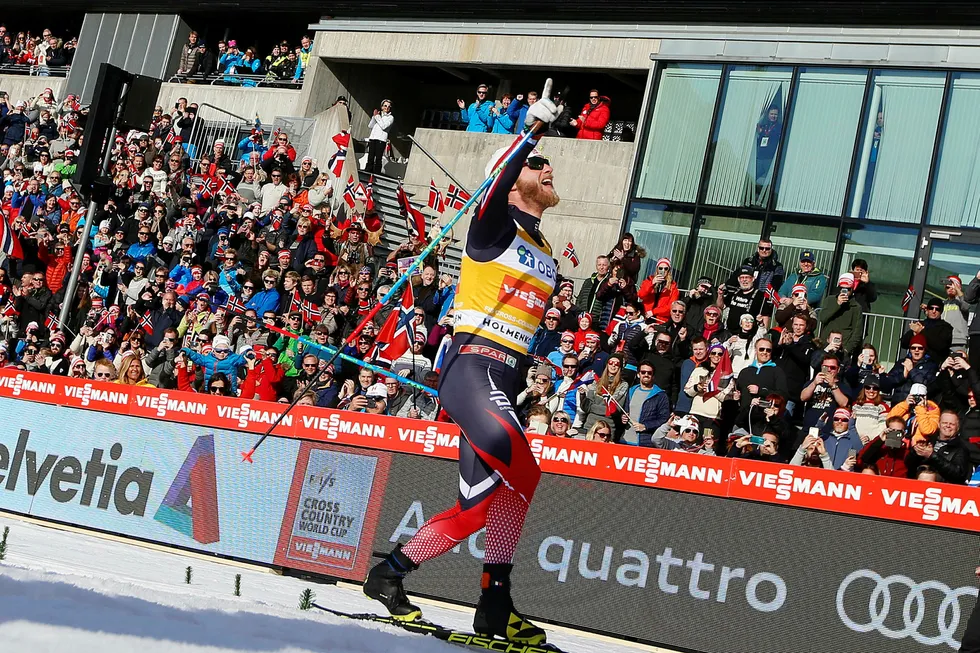 Martin Johnsrud Sundby har vunnet femmilen i Holmenkollen to år på rad. Her fra seieren i mars. Foto: Berit Roald, NTB Scanpix