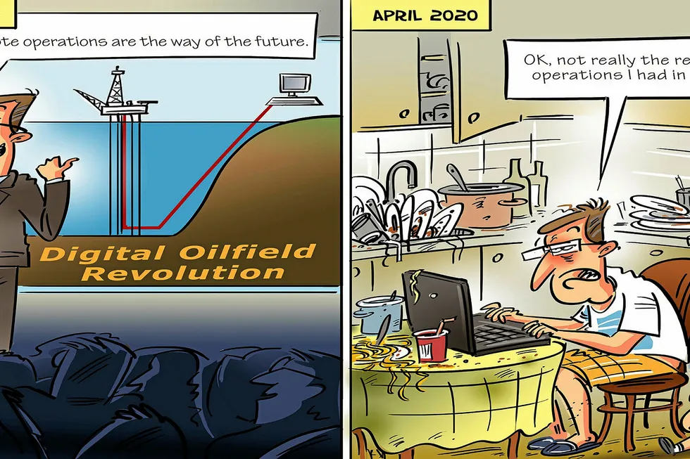 Output restrictions: as the Covid-19 pandemic shuts offices around the globe, the oil and gas industry is being helped stay afloat by staff working from kitchens, bedrooms and garages. Catch Upstream's cartoon this week.