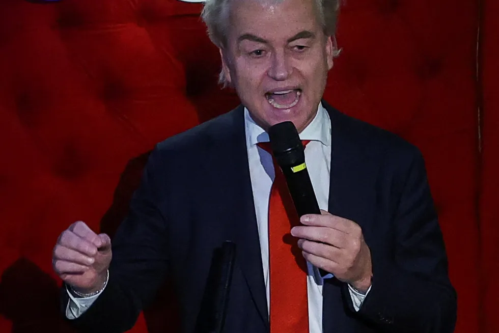 Seierherren. Ytre høyrelederen Geert Wilders feirer valgseieren i Haag onsdag kveld.