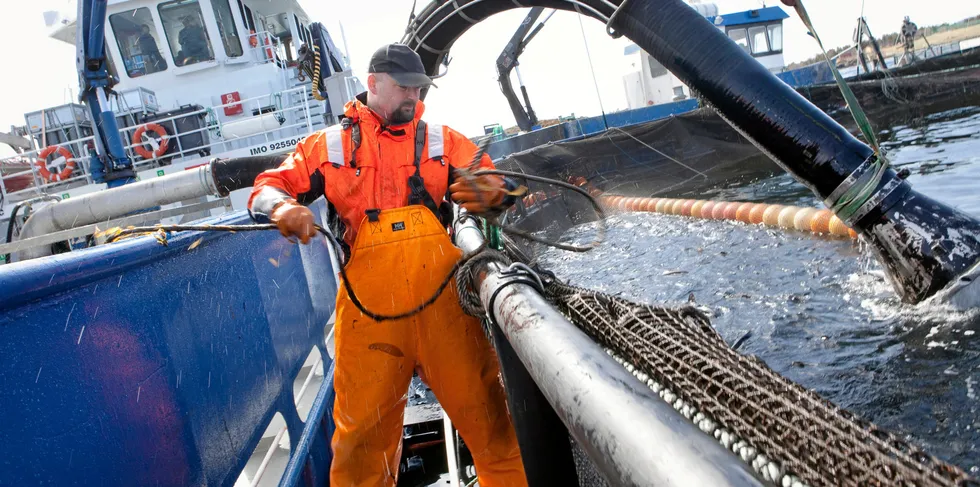 Røkter Stig Skarstad tar laksen om bord i brønnbåt, hvor den blir badet i hydrogenperoksid for å bli kvitt lakselus. Fiskeridirektoratet ville fjerne regelen om hvor lusevannet kunne dumpes, men har nå snudd. Forslaget burde aldri vært fremmet, mener Fiskeribladet.