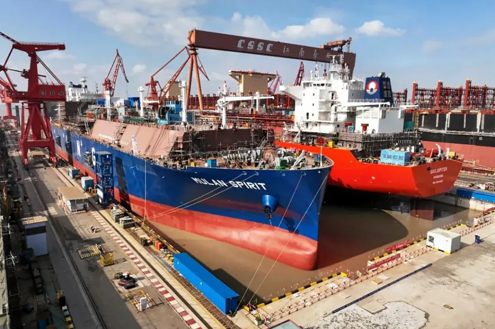 The Mulan Spirit (now Mulan) under construction at Jiangnan Shipyard.