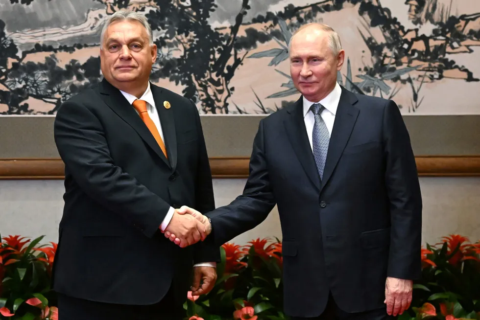 Gas friendship: Hungarian Prime Minister Viktor Orban (left) and Russian President Vladimir Putin shake hands prior to talks on sidelines of the Belt and Road Forum in Beijing, China in October 2023.