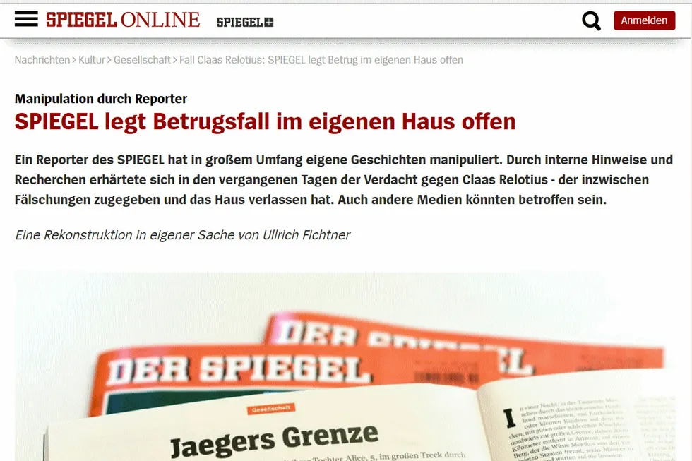 En reporter i Spiegel har innrømmet forfalskning og oppdiktede hovedpersoner.