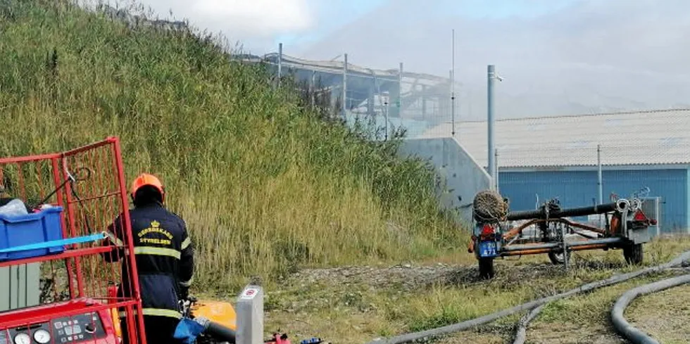 Slik så det ut ved Atlantic Sapphires anlegg i Hvide Sande 17.09.21, som begynte å brenne kvelden 15.09.