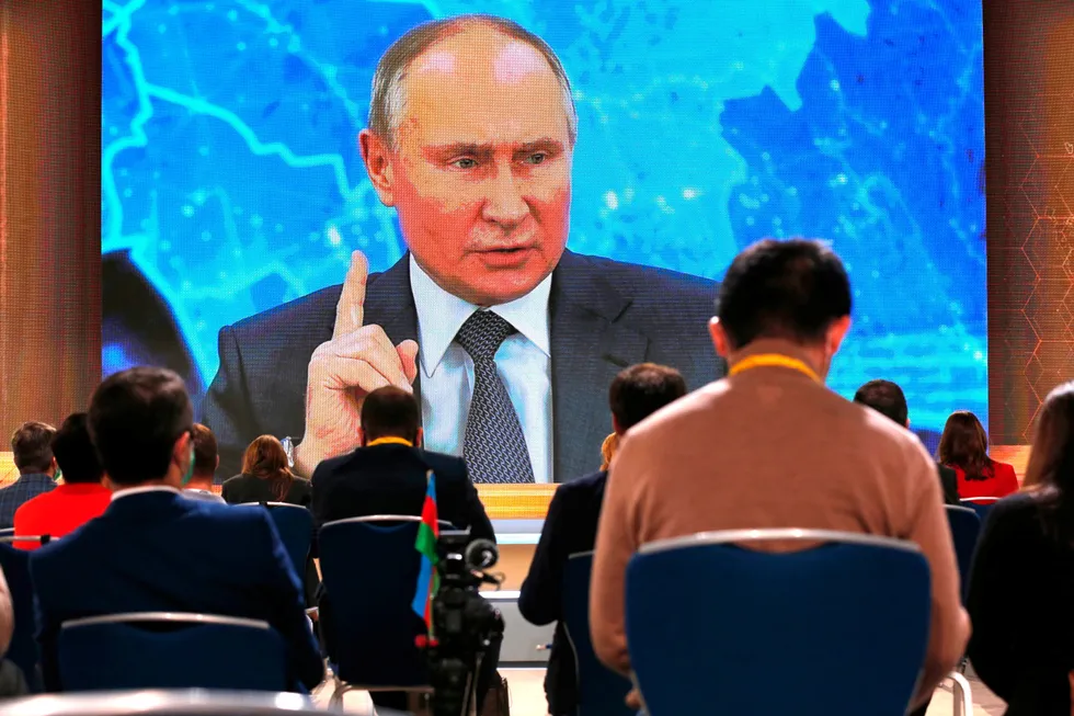 Assurances: Russian President Vladimir Putin speaks via video call during press conference in Moscow