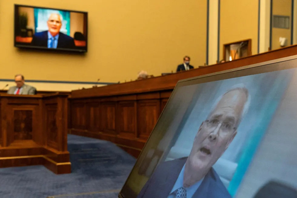 Public testimony: Darren Woods, chief executive of ExxonMobil, testifies via video conference during a US House Committee on Oversight and Reform hearing on the role of fossil fuel companies in climate change, Thursday, Oct. 28, 2021.
