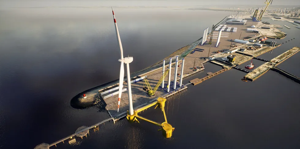 CGI of floating wind turbine in Port of Leith, Scotland