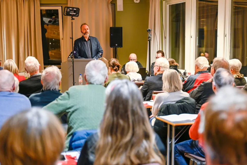 Trond Giske under årsmøtet i Arbeiderparti-lokallaget Nidaros sosialdemokratiske forum på Folkets Hus i Trondheim onsdag kveld.
