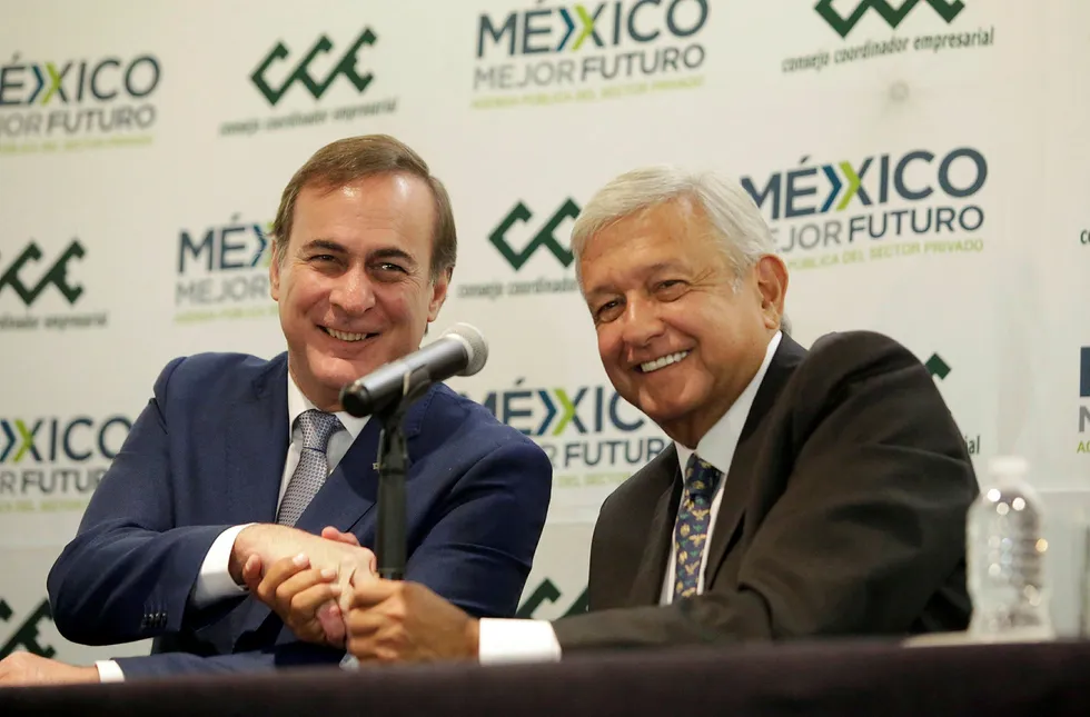 Mexico's President-elect Andres Manuel Lopez Obrador and Juan Pablo Castanon, president of the Business Coordinating Council (CCE) shake hands during a news conference in Mexico City