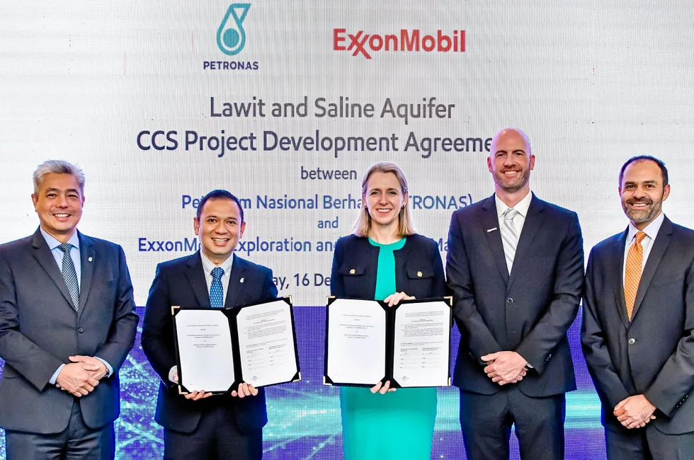 Agreement in January 2023: From left, Petronas chief executive of upstream Adif Zulkifli, Petronas head of carbon management Emry Hisham Yusoff, ExxonMobil vice president of low carbon solutions, Asia Pacific, Tracy Lothian, ExxonMobil president Shane Harris and president of ExxonMobil low carbon solutions, Asia Pacific, Irtiza Sayyed.