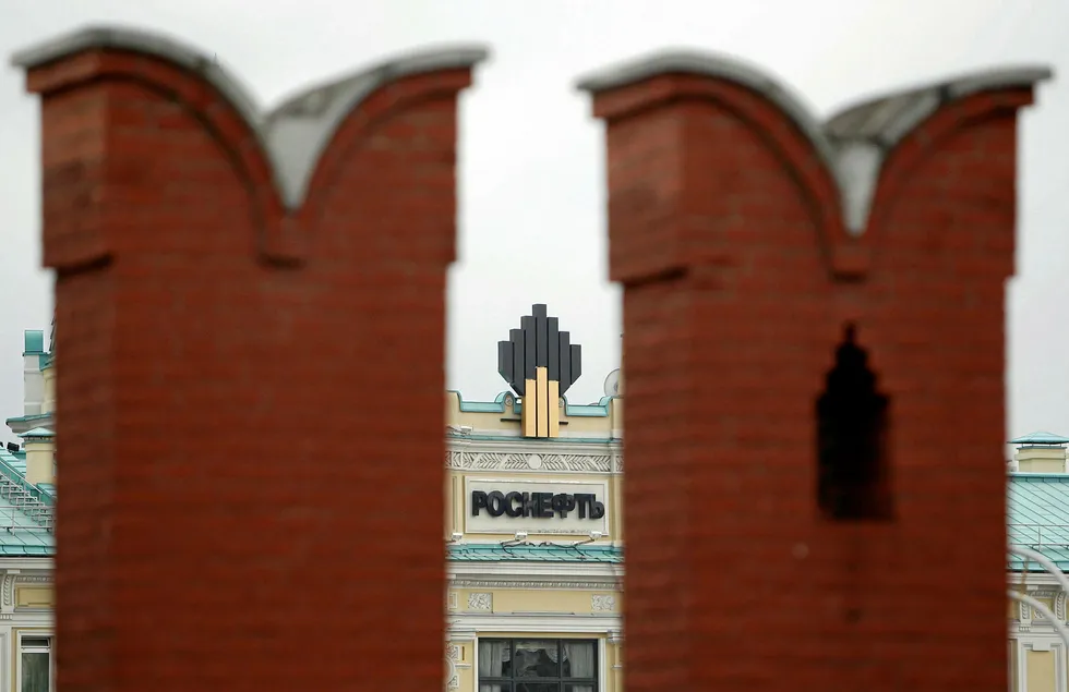 Travel ban: The logo of Russian oil producer Rosneft is seen from the territory of the Kremlin in downtown Moscow