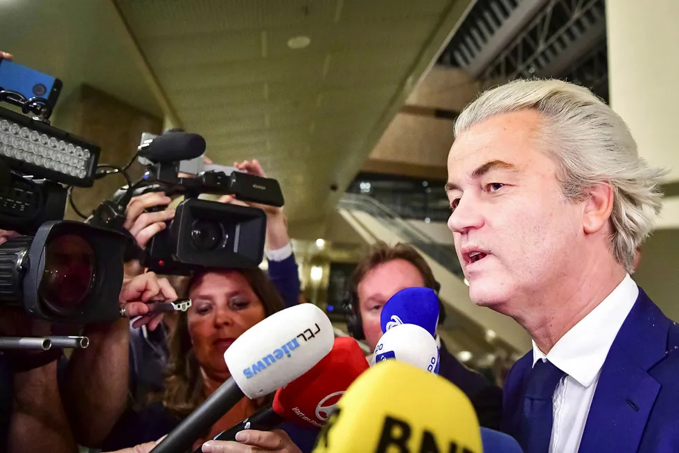 PVV-leder Geert Wilders på valgdagen i nederland. Foto: ROBIN UTRECHT/AFP/NTB Scanpix